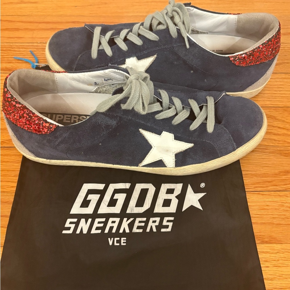 Golden Goose Navy Suede and Red Glitter Sneakers (Gently used, size 41)